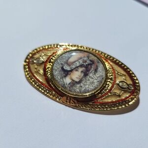 HS Vintage Portrait Brooch Gold Red Victorian Revival Gibson Girl Rhinestone